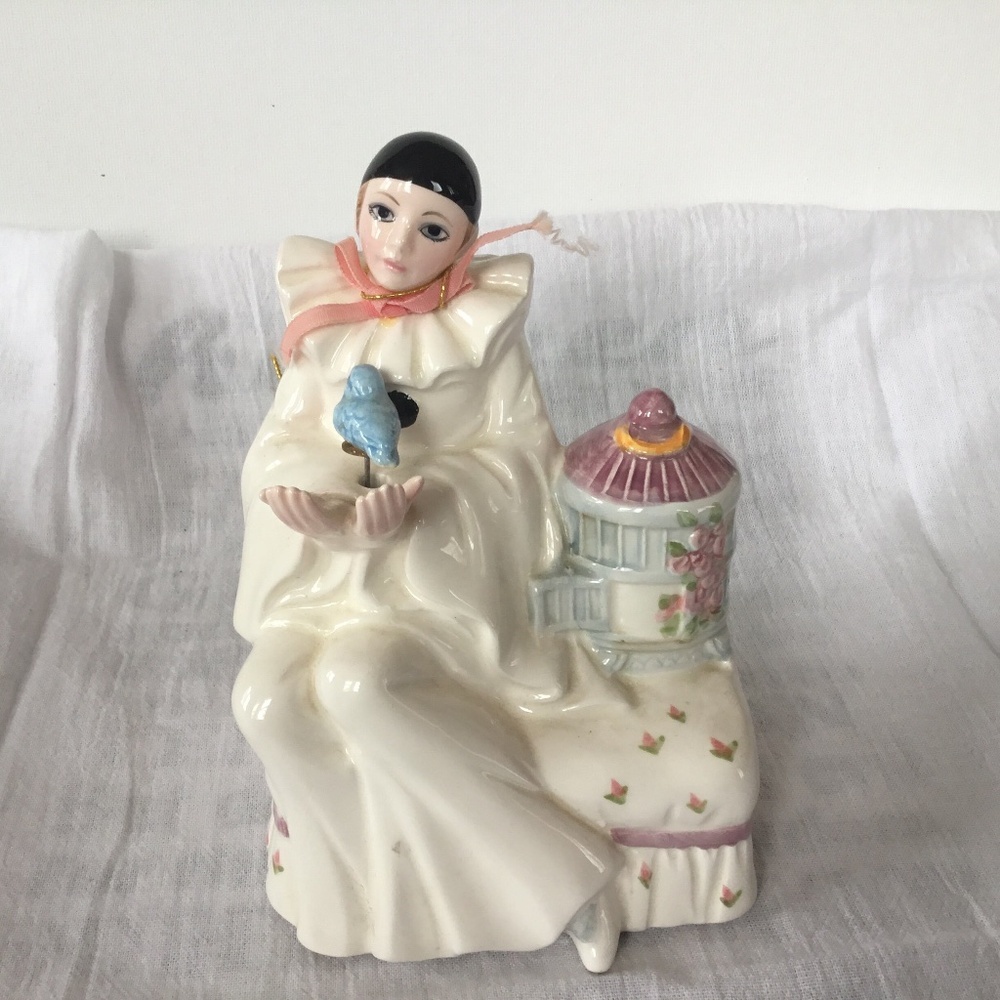 Vintage Porcelain Schmid Music Box - Pierrot Love Mime Clown Holding Blue Bird
